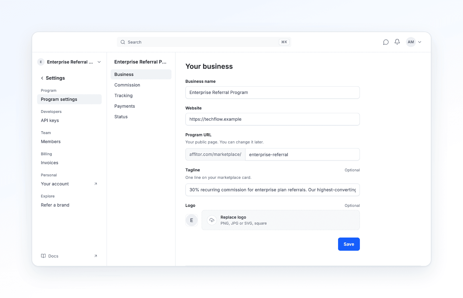 Settings for one program: the left menu groups Program settings, Developers (API keys), Team (Members), Billing (Invoices), Personal (Your account) and Explore (Refer a brand); Program settings opens Business, Commission, Tracking, Payments and Status, with the Business form on the right